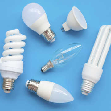 An assortment of lightbulbs - featuring LED, incandescent, halogen, and fluorescent