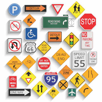 A large variety of traffic and road signs
